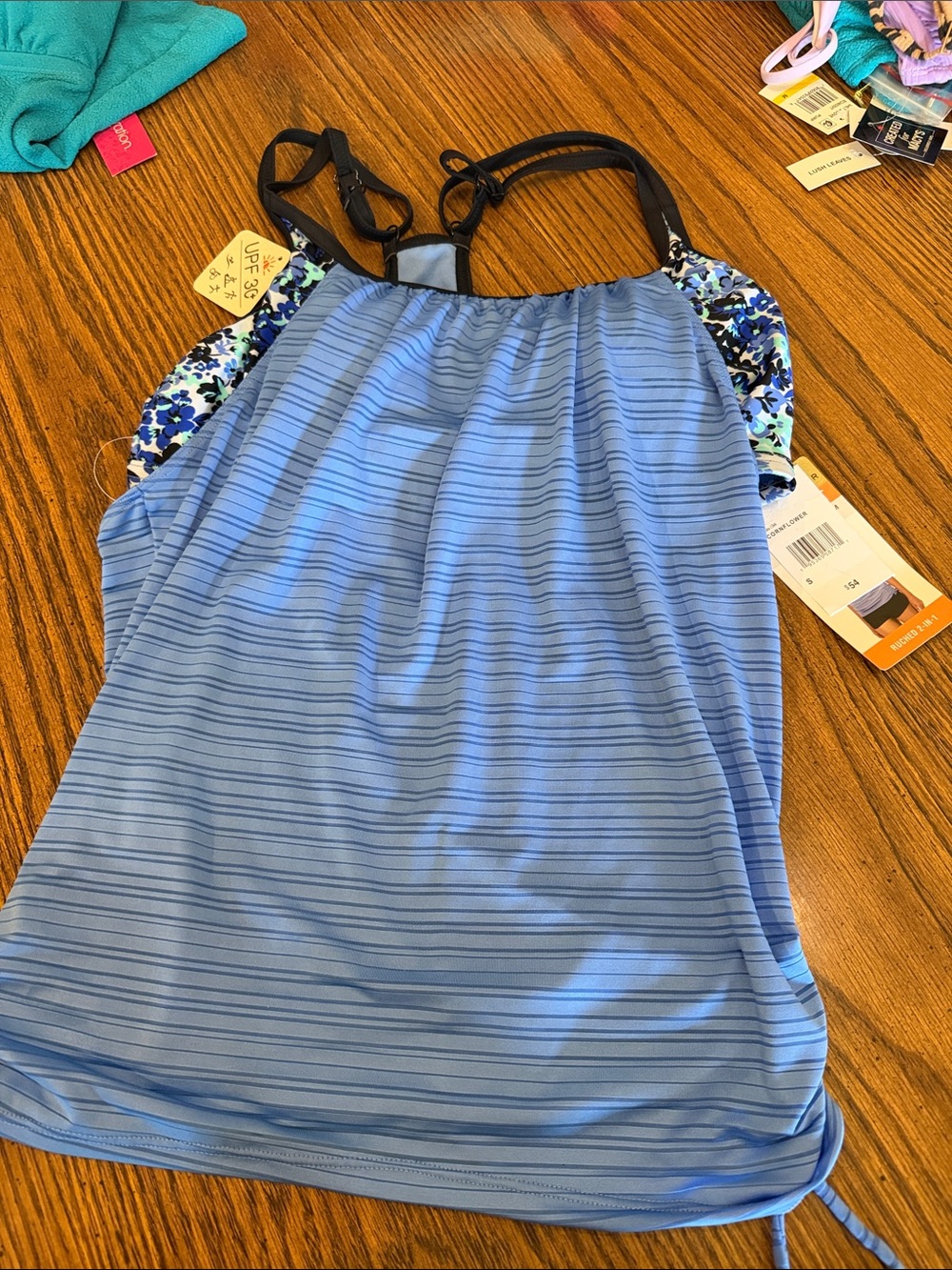 ZeroXposur Light Blue Striped Tankini with Floral Side Panels